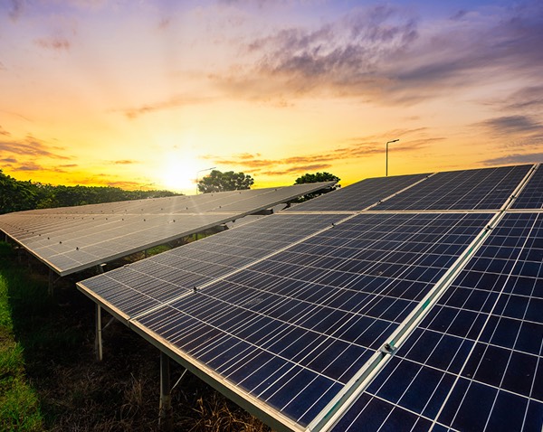 Solar panels at sunset