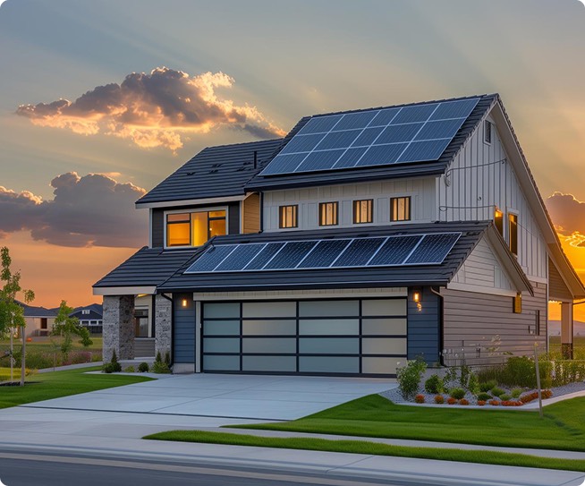 House with solar panels at sunset